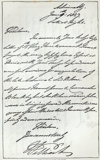 William IV:n kirje Lady Nelsonille, 1827, julkaistu Leisure Housessa, 1891 tekijältä English School