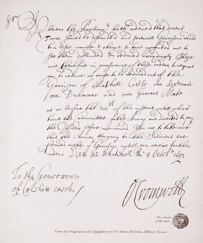 Oliver Cromwellin kirje Calshottin linnan kuvernöörille, 1651, faksimile alkuperäisestä, Sir James Fellowesin hallussa Adbury Housesta tekijältä English School