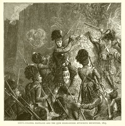 everstiluutnantti Maitland ja 75. Highlanders hyökkäämässä Bhurtporeen, 1805 tekijältä English School