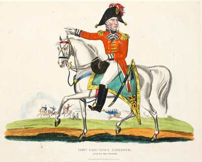 Kenraaliluutnantti Lord Linedock, pub. kirjoittanut Richard Evans, engr Romney, kuvitus William Mudfordin historiallisesta kertomuksesta Waterloon taistelusta, 1816 tekijältä English School