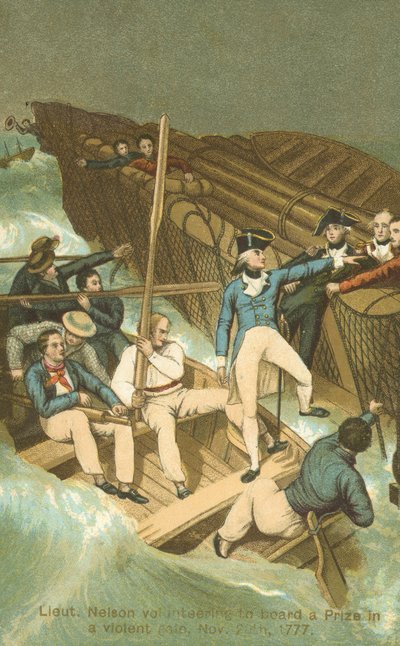 Luutnantti Horatio Nelson nousta palkintoon myrskyssä (värilitho) tekijältä English School