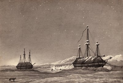 Luutnantti William Parryn ensimmäinen matka: H.M.S. Hecla ja H.M.S. Griper in Winter Harbour, n. 1819 (kynä ja muste ja pesu paperille) tekijältä English School