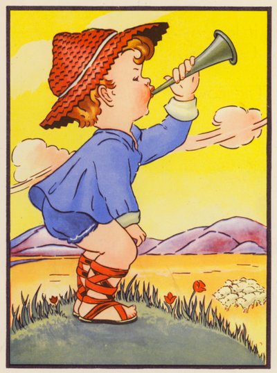 "Little Boy Blue, tule puhaltamaan torveen" (värilitografia) tekijältä English School