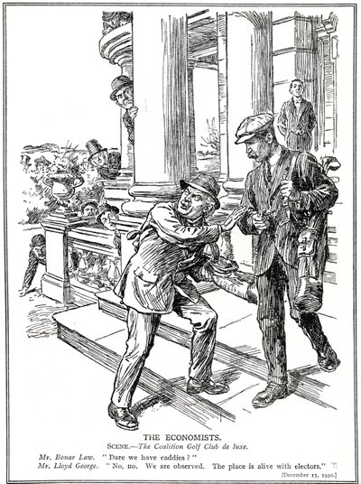 Lloyd George ja Bonar Law Coalition Golf Clubilla, jotka pelkäävät Anti-Waste-liigaa, joutuvat luopumaan caddien ylellisyydestä. joulukuuta, 1920 tekijältä English School