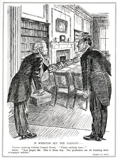 Lloyd George astuu kabinettihuoneeseen, joka on tyhjä ministereistä, jotka kirjoittavat artikkeleita sanomalehtiin, elokuu 1920 tekijältä English School