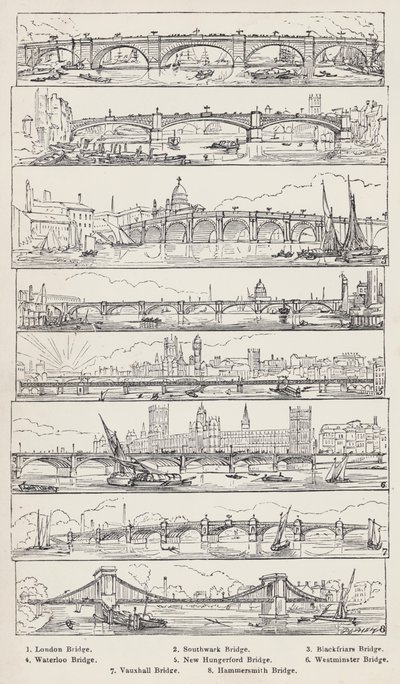 London Bridge, Southwark Bridge, Blackfriars Bridge, Waterloo Bridge, New Hungerford Bridge, Westminster Bridge, Vauxhall Bridge, Hammersmith Bridge (kaiverrus) tekijältä English School