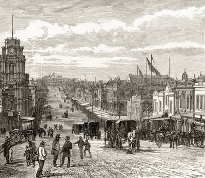 Katse itään alas Bourke Streetillä, Melbournessa, n. 1880, Howard Willoughbyn "Australian Picturesistä", julkaisija Religious Tract Society, Lontoo, 1886 tekijältä English School
