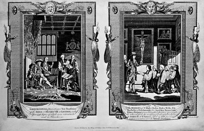 Lordi Cromwell esittelee Raamatun Henrik VIII:lle ja piispat esittäen anomuksen James II:lle vuonna 1688 Paul Wrightin "Uudesta ja täydellisestä marttyyrien kirjasta" tekijältä English School