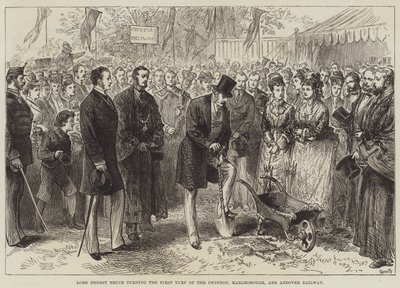 Lord Ernest Bruce kääntää Swindonin, Marlboroughin ja Andoverin rautatien ensimmäisen nurmen (kaiverrus) tekijältä English School