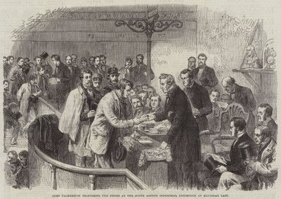 Lord Palmerston jakamassa palkinnot Etelä-Lontoon teollisuusnäyttelyssä viime lauantaina (kaiverrus) tekijältä English School