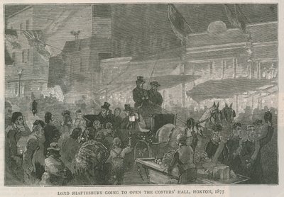 Lord Shaftesbury aikoo avata Costers Hallin Hoxtonissa Lontoossa, 1875 tekijältä English School