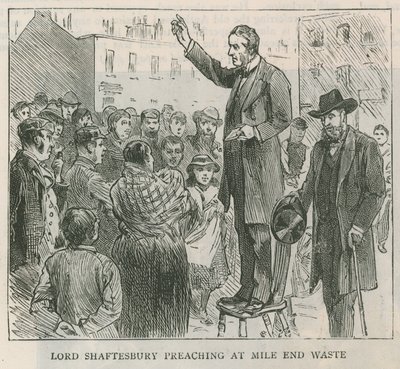 Lord Shaftesbury saarnaa Mile End Wastessa Lontoossa tekijältä English School