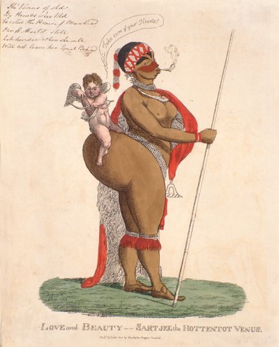Rakkaus ja kauneus - Sartjee the Hottentot Venus, 1810 (käsinvärinen kaiverrus) tekijältä English School