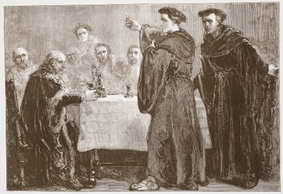 Luther haastaa Carlstadtin kirjoittamaan häntä vastaan, kuvitus James Aitken Wylien (1808-1890) teoksesta The History of Protestantism, pub. 1878 tekijältä English School