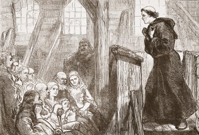 Luther saarnaamassa Wittenbergin vanhassa puukirkossa, kuvitus James Aitken Wylien (1808-1890) Protestantismin historiasta, pub. 1878 tekijältä English School