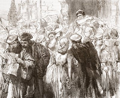 Lutherin pamfletti: kohtaus kirjapainossa, kuvitus James Aitken Wylien (1808-1890) Protestantismin historiasta, pub. 1878 tekijältä English School