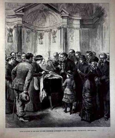 Lord Frederick Cavendishin (1836-82) ruumis makaa valtiossa Chatsworthin perheen kappelissa, The Illustrated London News, 20. toukokuuta 1882 tekijältä English School