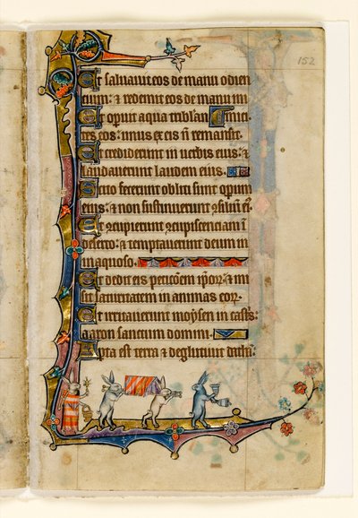 MS 1-2005, fol. 152r: Kanin hautajaiskulkue, marginaalinen koristelu Macclesfield Psalterista, Sarumin käyttö, East Anglia, n. 1330 tekijältä English School