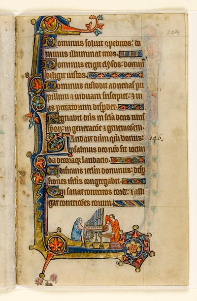 MS 1-2005, fol. 204r: Urkujen soittaminen, marginaalinen koristelu Macclesfield Psalterista, Use of Sarum, East Anglia, n. 1330 tekijältä English School