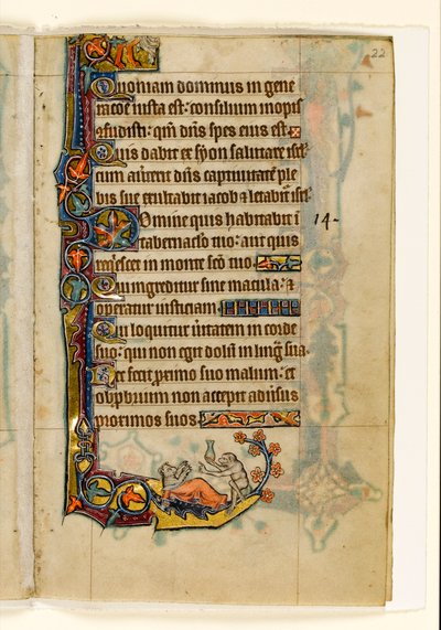 MS 1-2005, fol. 22r: Apinalääkäri ja hänen karhupotilaansa, marginaalinen koristelu Macclesfield Psalterista, Use of Sarum, East Anglia, n. 1330 tekijältä English School