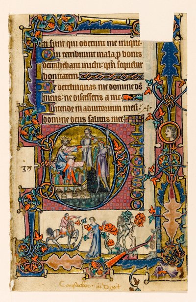 MS 1-2005, fol. 58r: Saul lähettää Doegin tappamaan Nobin papit, historiallinen alkukirja Macclesfield Psalterista, Use of Sarum, East Anglia, n. 1330 tekijältä English School