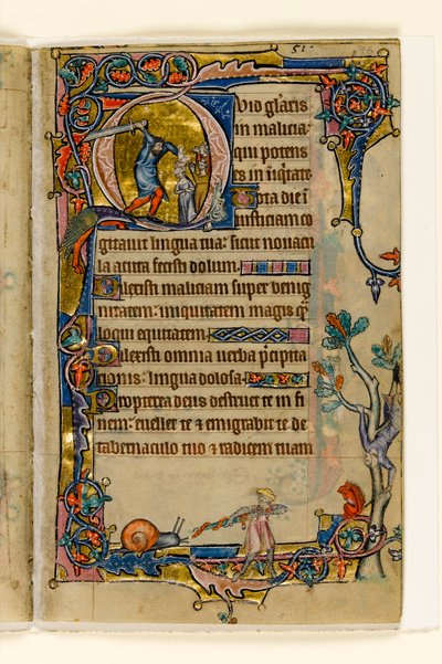 MS 1-2005, fol. 76r: Doeg tappaa Nobin papit, historiallinen alkukirja Macclesfield Psalterista, Use of Sarum, East Anglia, n. 1330 tekijältä English School