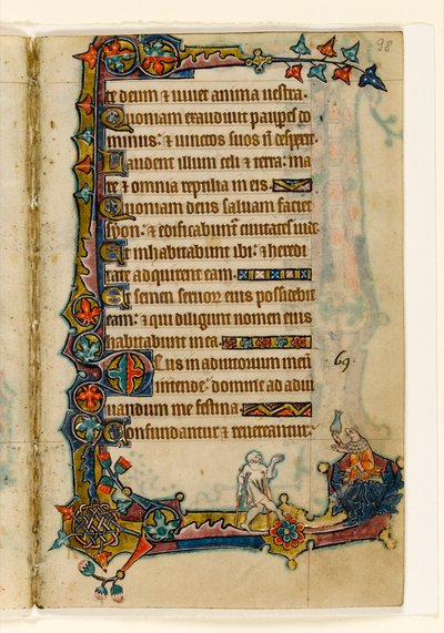 MS 1-2005, fol. 98r: Kerjäläinen ja varakas sika (?), marginaalinen koristelu Macclesfield Psalterista, Use of Sarum, East Anglia, n. 1330 tekijältä English School