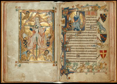MS 242 f. 28v-29r Armon valtaistuin suojelijoiden kanssa, Kristus siunaus suojelijan kanssa, n. 1314-30 (kultalehti ja tempera pergamentilla) tekijältä English School