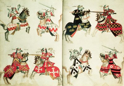 MS Harley 4205 fol.31v-32 Turnajaritarit heraldisilla tunnuksilla (vellum) tekijältä English School