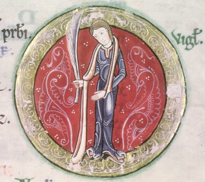 MS Hunter 229 f.4v Virgo, Hunterian Psalter, n. 1170 (kynä & muste ja tempera perunakalvolla) (yksityiskohta) tekijältä English School