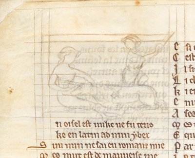 MS McClean 123 f.40v -pohjapiirros pienoiskoossa, jossa metsästäjä nappaa neitsyen sylissään alasti makaavan yksisarvisen, "Nuneaton Book", n. 1280-1300 (muste pergamentille) (yksityiskohta numerosta 418062) tekijältä English School