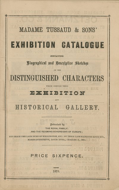 Madame Tussaud & Sons -näyttelyluettelo vuodelta 1875 tekijältä English School