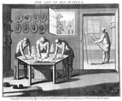 Majavahatttujen valmistus, The Universal Magazine, Lontoo, pubi. vuonna 1750 tekijältä English School