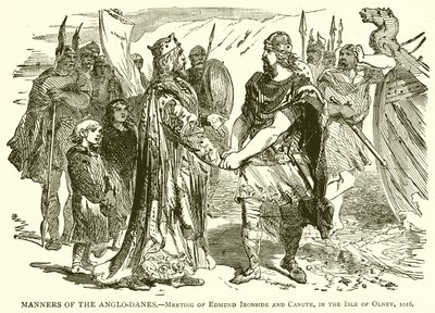 Anglo-tanskalaisten tavat. - Edmund Ironsiden ja Canuten tapaaminen Olneyn saarella, 1016 tekijältä English School