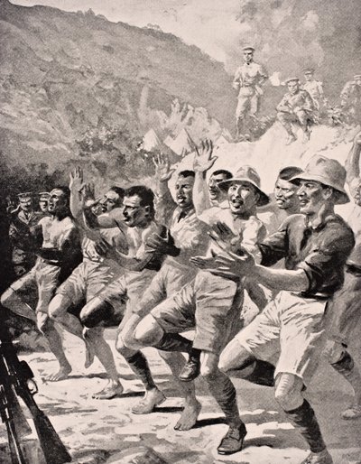 Maorisotilaat esittävät Hakan Gaba Tepessä Gallipolin niemimaalla Turkissa 1915, Lontoossa 1916 julkaistusta The War Illustrated Album deLuxesta tekijältä English School