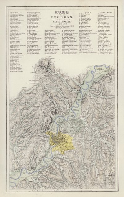 Kartta: Rooma ympäristöineen, Baron Moltken selvityksen mukaan, vuosina 1845 ja 1846, piirtänyt Augustus Petermann (väri litho) tekijältä English School