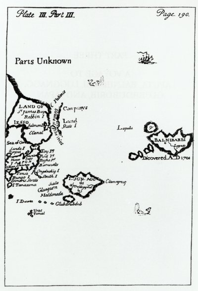 Jonathan Swiftin (1667-1745) Gullivers Travelsin kartta tekijältä English School
