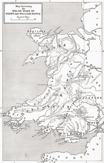 Kartta, joka havainnollistaa William Rufusin ja Henry I:n Walesin sotia, J. R. Greenin teoksesta A Short History of the English People, julkaistu 1893 tekijältä English School