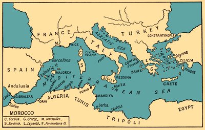 Kartta muinaisesta merirosvouksesta ja Barbarian korsareista, Philip Gossin kirjasta "History of Piracy". tekijältä English School