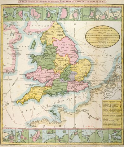 Britannian kartta, joka havainnollistaa Napoleon Bonaparten (1769-1821) 1803 uhattua hyökkäystä (väri litho) tekijältä English School