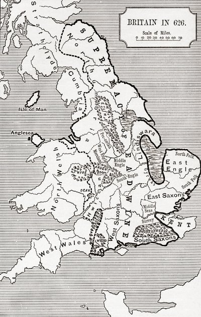 Britannian kartta vuonna 626, Northumbrian kuningaskunnasta 588–685 J. R. Greenin teoksessa A Short History of the English People, julkaistu 1893 tekijältä English School