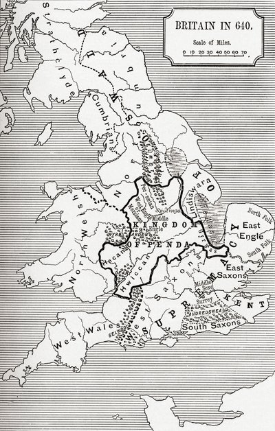 Britannian kartta vuonna 640, Northumbrian kuningaskunnasta J. R. Greenin teoksessa A Short History of the English People, julkaistu 1893 tekijältä English School