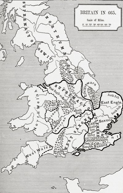 Britannian kartta vuonna 665, Northumbrian kuningaskunnasta 588–685 J. R. Greenin teoksessa A Short History of the English People, julkaistu 1893 tekijältä English School