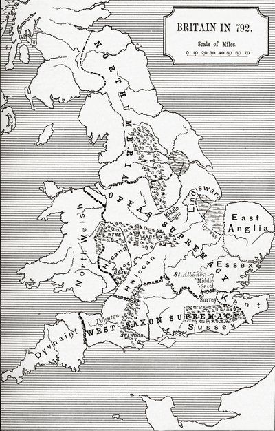 Britannian kartta vuonna 792, kolmesta kuningaskunnasta 685–828 J. R. Greenin teoksessa A Short History of the English People, julkaistu 1893 tekijältä English School