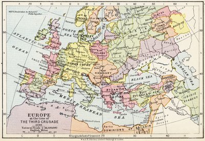 Euroopan kartta kolmannen ristiretken aikana, 1190, W. und A.K.:n julkaisijasta "Historiallinen atlas". Johnston Limited, 1911 tekijältä English School