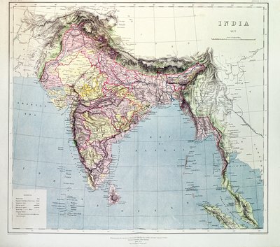 Intian kartta, julkaistu eversti H.R. Thuillier, R.E., Surveyor General of India, 1877 tekijältä English School