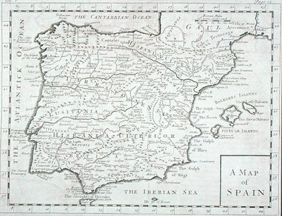 Espanjan ja Portugalin kartta, 1700-luvun loppu (kaiverrus) tekijältä English School