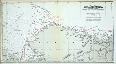 Länsi-Arktisen Amerikan kartta, jossa näkyy HMS Enterprisen ja Investigatorin jäljet vuosina 1850-1854 tekijältä English School
