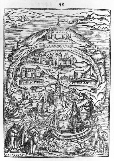 Utopian saaren kartta, kirjan etulevy, 1563 tekijältä English School
