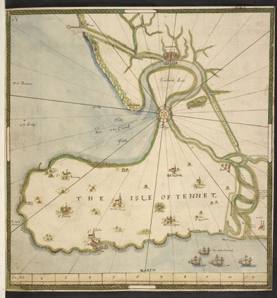 Thanetin saaren ja Sandwich Marshin kartta, joka perustuu John Rogersin suunnitelmaan, n. 1610 (kynä, muste ja akvarelli paperille) tekijältä English School